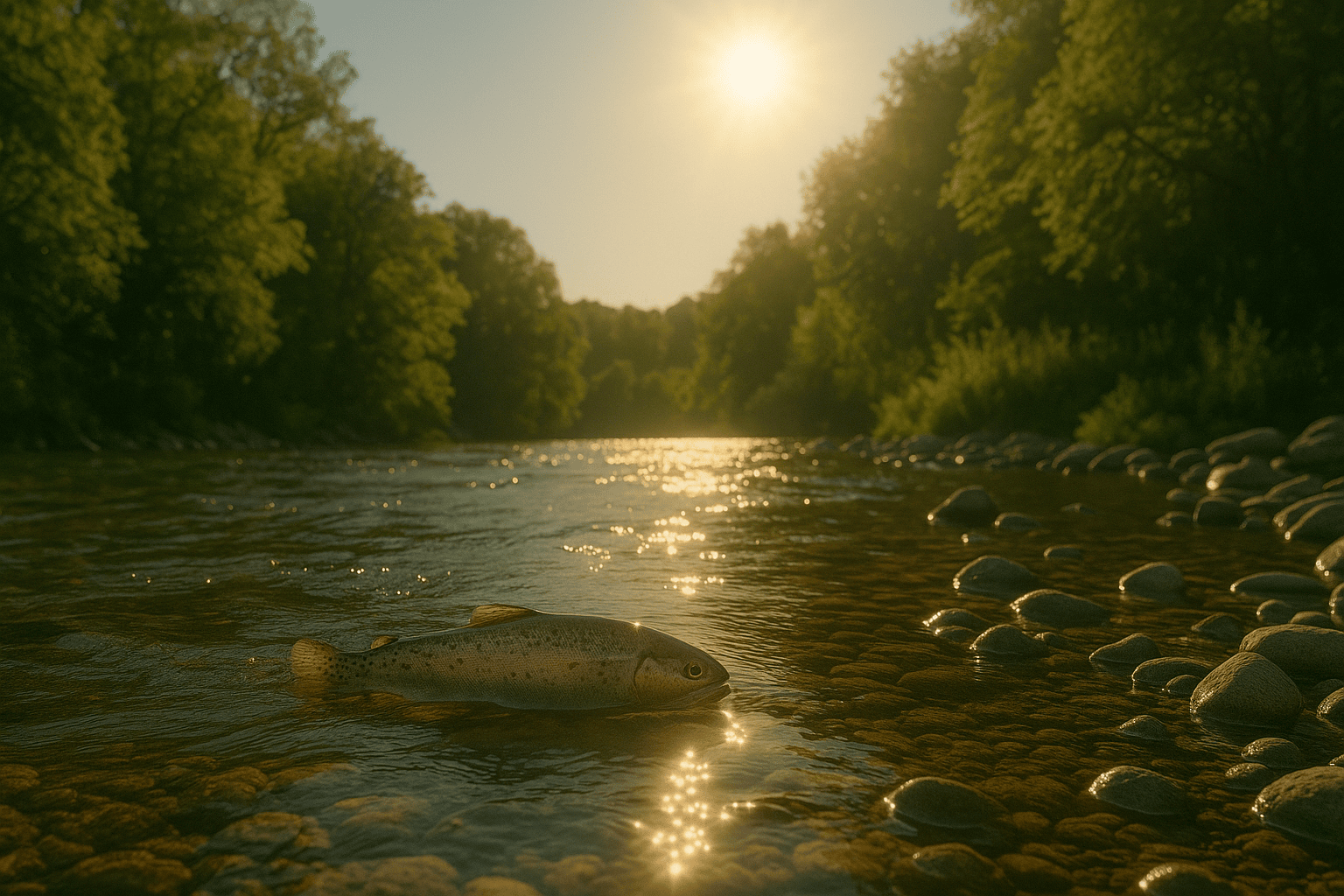 Pêche en rivière par forte chaleur Pêcheur au lever du jour sur une rivière par temps de canicule